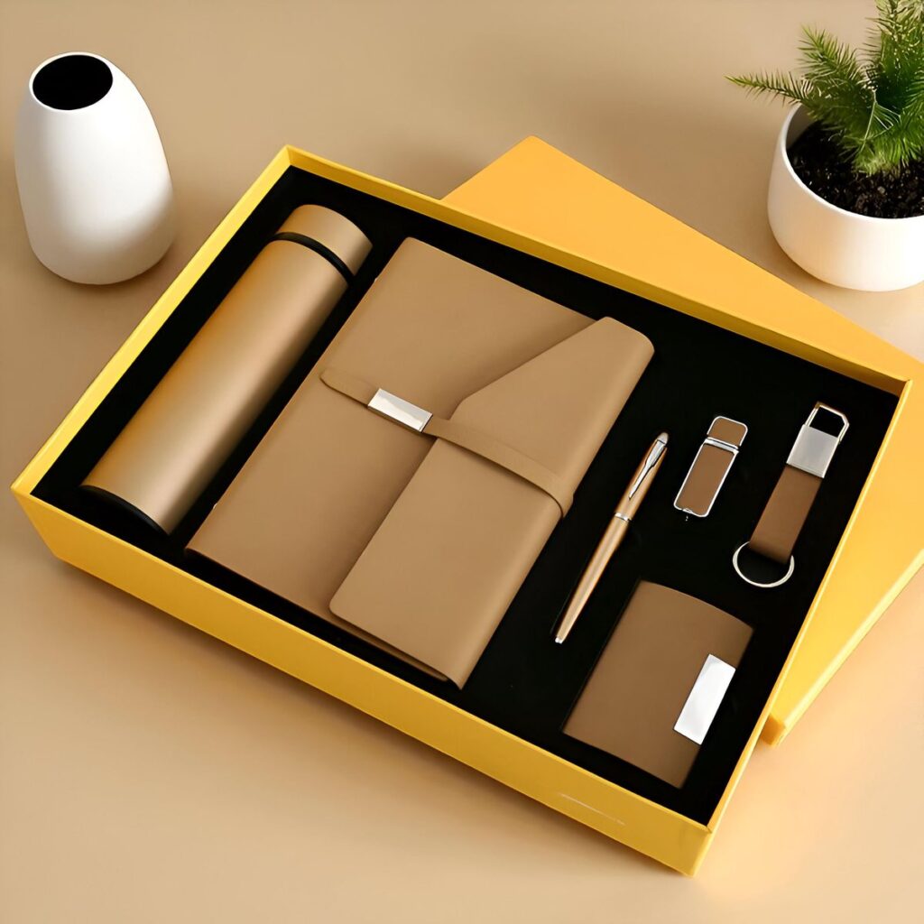 Concept image of a corporate gift set rigid box with custom foam insert, designed for premium presentation and organized placement of items—VIP gifting packaging by Shabouk in the UAE.